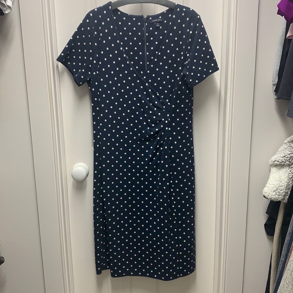 Lands End Faux Wrap Polka Dot Dress